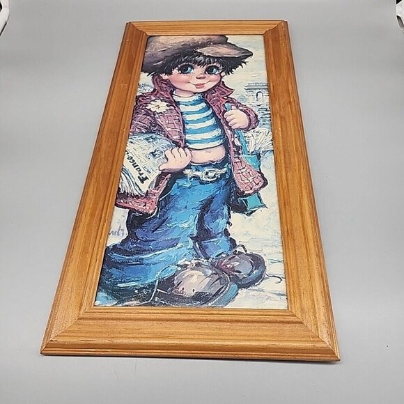 MCM Print Glass Wood Framed Big Eyed Boy France 60s 18x10" Newspaper - Picture 1 of 4